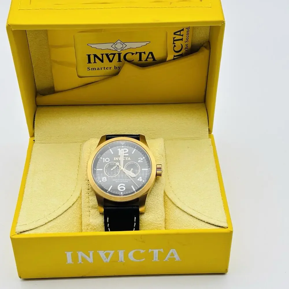 Invicta Chronograph #10491 Watch with Black Leather Band In Box. With Paperwork